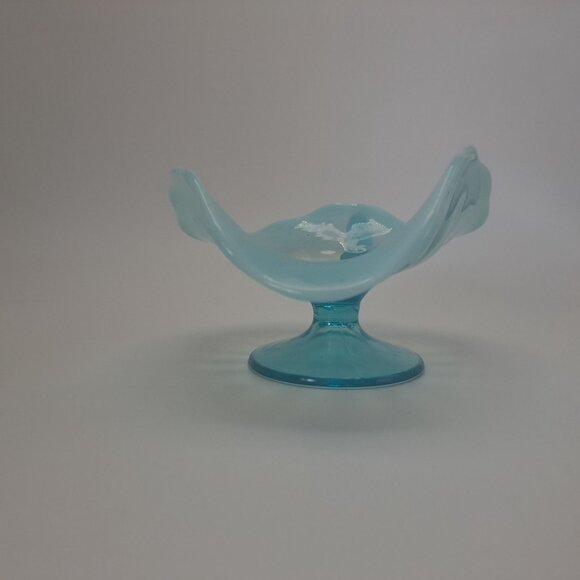 Dugan Blue Opalescent Glass Compote Dish Handle Nappy - Picture 6 of 16